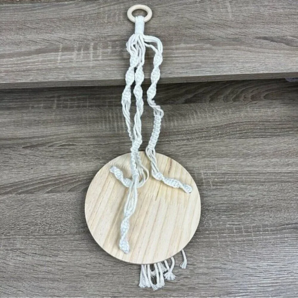 Macrame Hanging Plant‎ Shelf Boho Wood Floating Round Swing Cream 22 Inch NEW